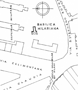 Ubicazione della Basilica Hilariana nella topografia odierna del Celio